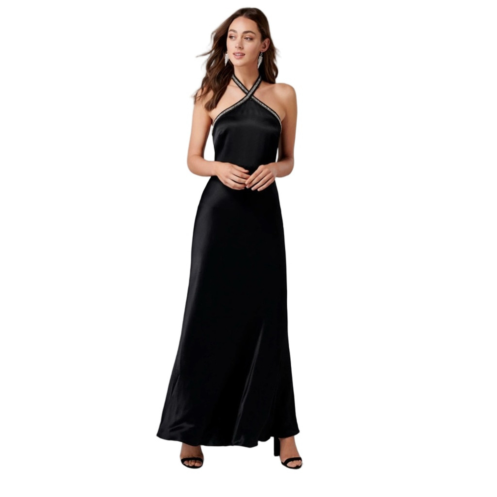 Forever New Black Satin Embellished Halter Gown Dress Size 10 Formal Evening